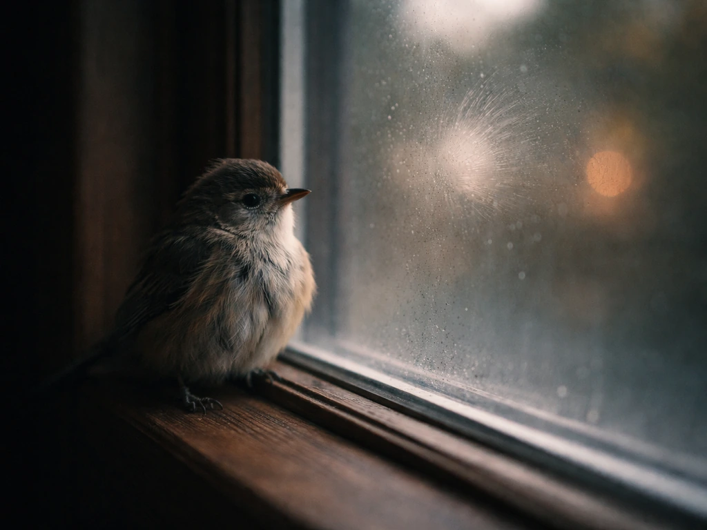 Moody close-up of a small bird perched by a window with a subtle tapping motion blur on the glass.