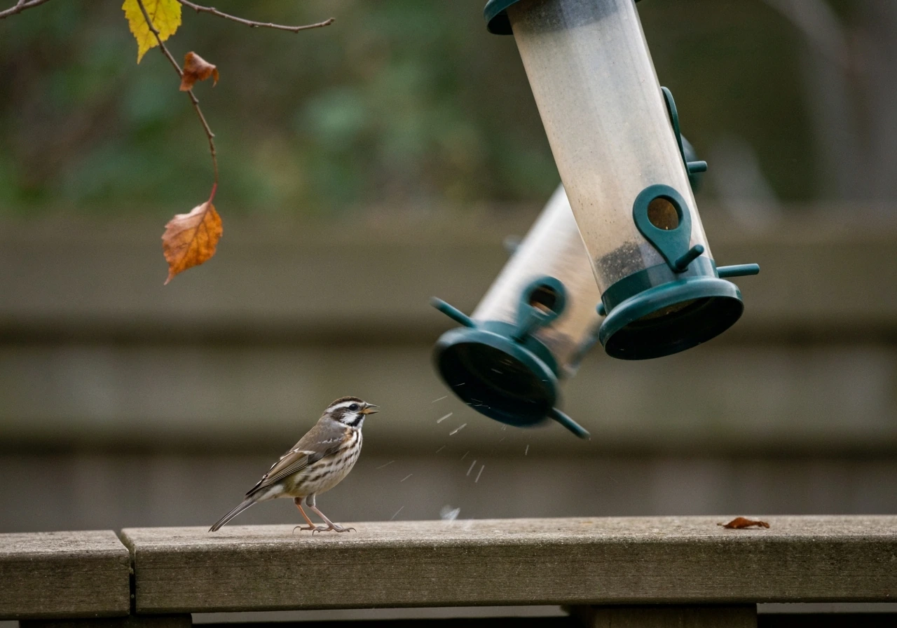 A small bird has just knocked a bird feeder over in a quiet backyard, tipping it on its side.