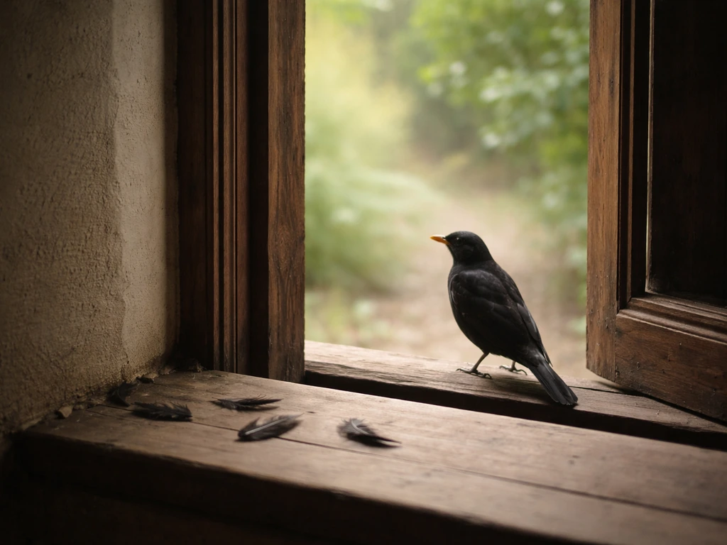 Blackbird perched by an open doorway, with a few feathers scattered on the window sill in soft light.