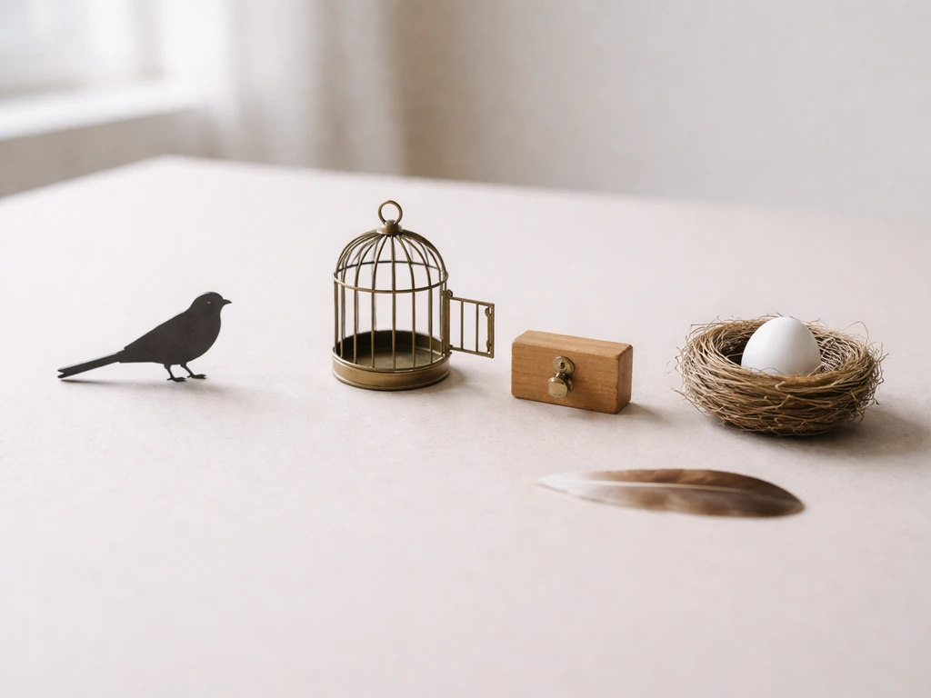 Minimal tabletop scene with small bird objects and a knock block, arranged to suggest similar phrases.