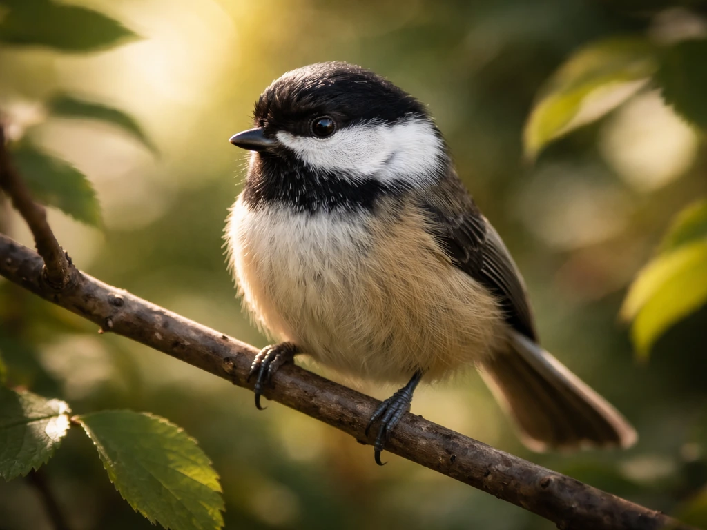Small songbird perched in sharp focus with softly blurred foliage in high-contrast natural light.