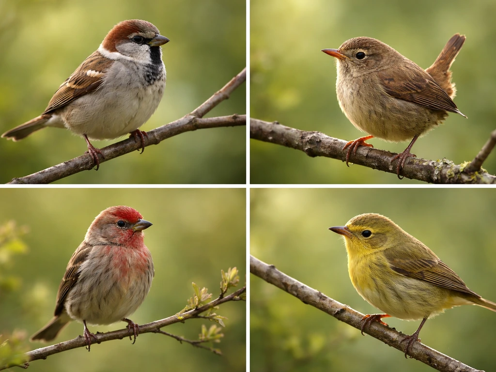 Four small songbirds perched on branches in soft natural light, illustrating “minor bird” literally.