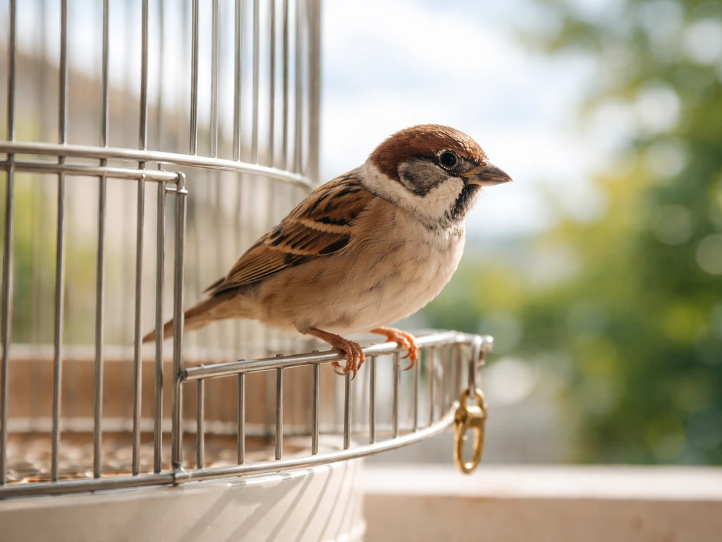 Brown sparrow perched by an open cage door, airy light suggesting escape and freedom.