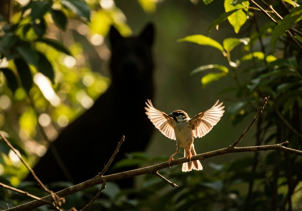 A small bird darts through light branches while a larger predator is out of reach.