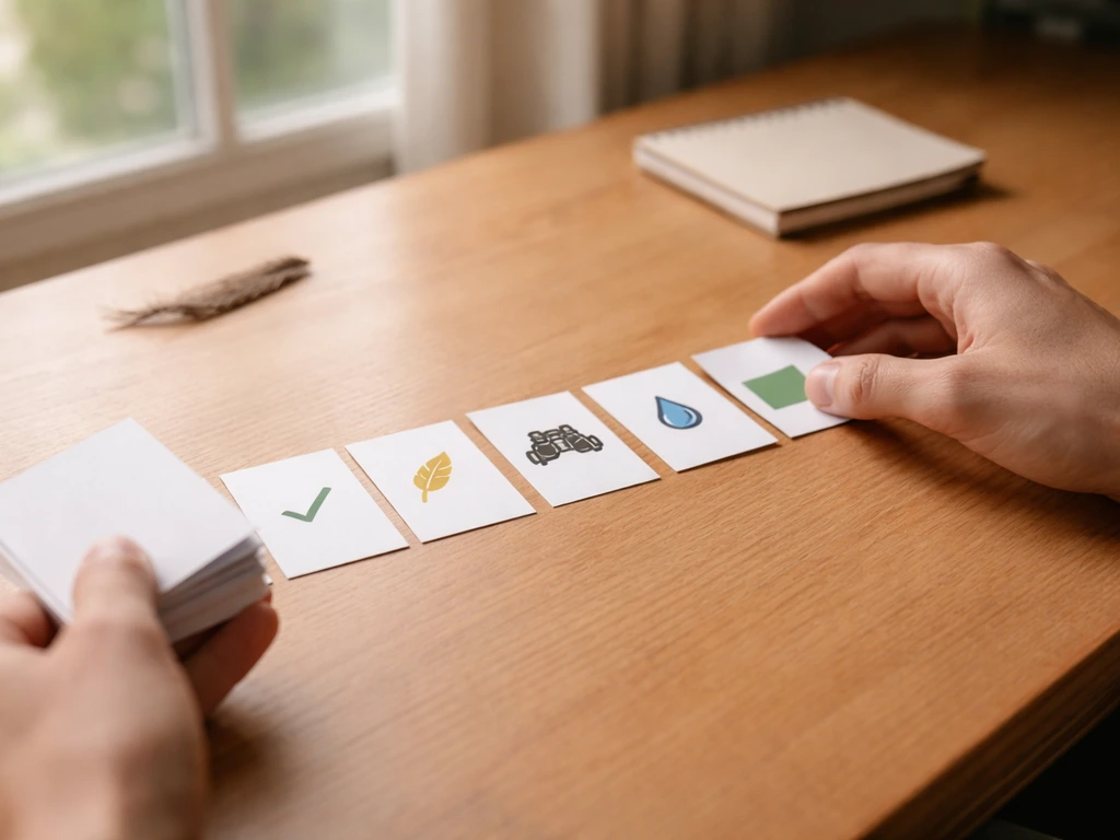 Minimal desk scene with scattered cards suggesting a diagnostic checklist for identifying a phrase’s meaning.