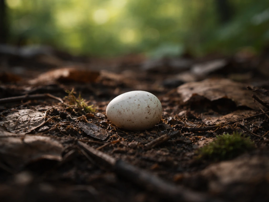 A single intact bird egg nestled in leaf litter with a softly blurred forest background.