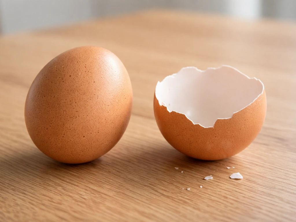 Two items side by side: a whole intact chicken egg and a cracked eggshell fragment on a wooden surface.