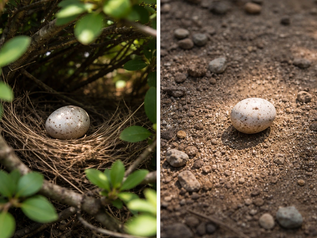 A sheltered egg in a shrub nook beside an exposed egg on bare soil.