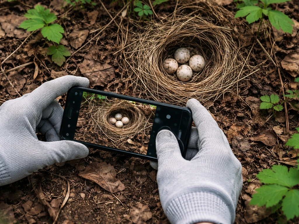 Gloved hands use a phone to photograph a wild bird nest at a distance without touching it.