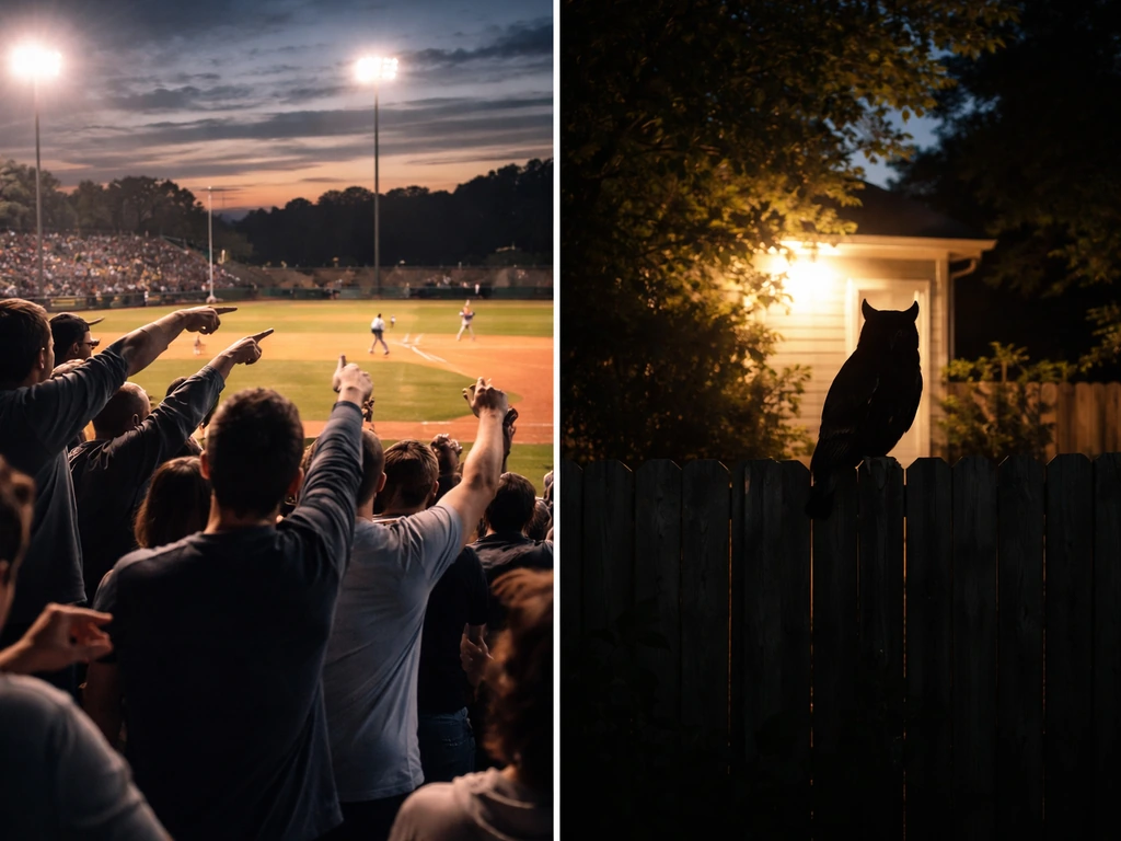 Split image: jeering baseball crowd on one side and an owl silhouette calling in a dim backyard at night