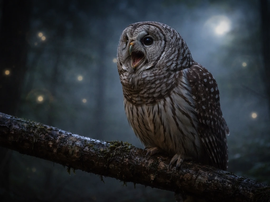 Nighttime barred owl perched on a branch, calling, with faint glowing bokeh suggesting folklore omens.