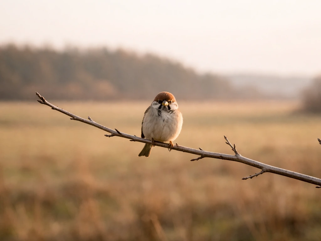 A solitary bird perched alone on a branch in a quiet open landscape at soft dawn light.