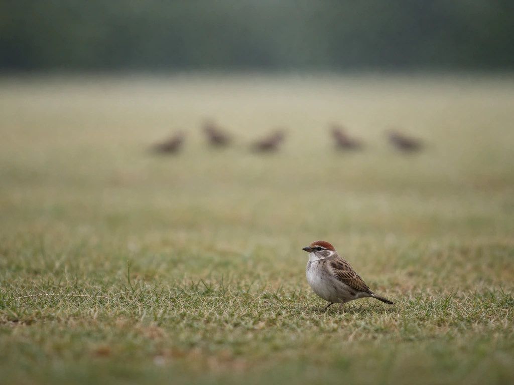 A single small bird separated from a distant flock on a quiet grassy field