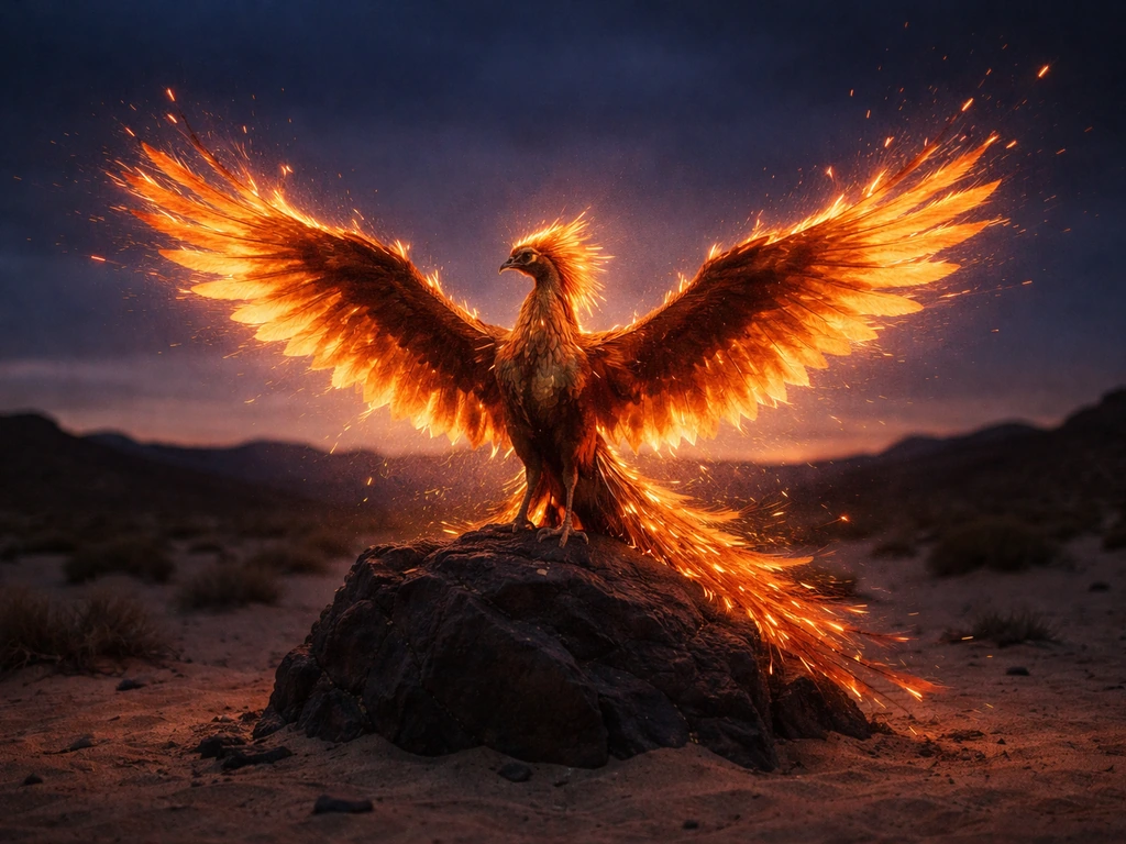 Solitary phoenix with wings spread on a dark rock, flames glowing against a dusk sky