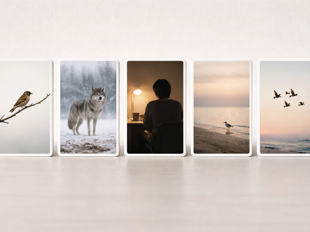 Minimal five-card comparison scene: lone bird on a branch, lone wolf in snow, loner at desk, solitary bird at dusk, bird