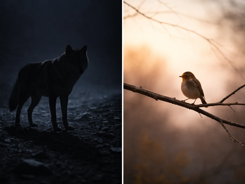 Split image: wolf-like shadow in harsh light versus a lone bird in warm dawn solitude.