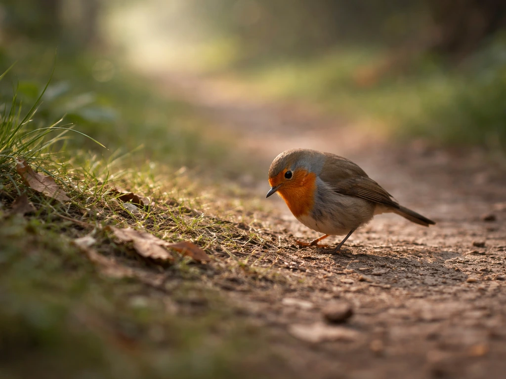One bird perched alone at the edge of a quiet natural habitat in soft morning light.