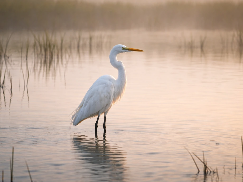 A lone Great Egret standing in shallow marsh water at dawn, with reeds softly blurred behind.