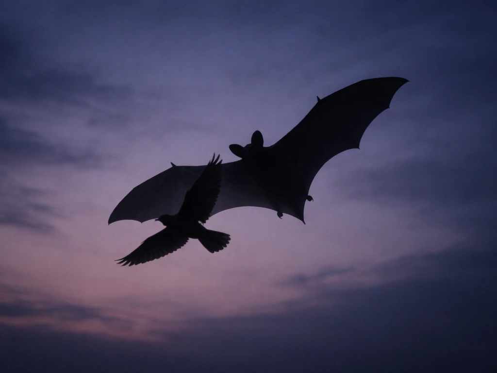 Moody dusk sky with a bat silhouette and a bird silhouette overlapping, suggesting bat-bird confusion.