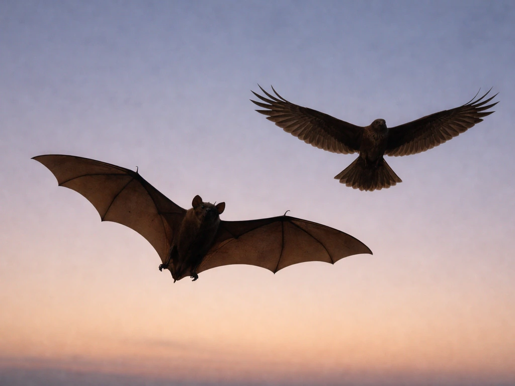 A bat and a bird flying side-by-side at dusk, showing leathery vs feathered wings.
