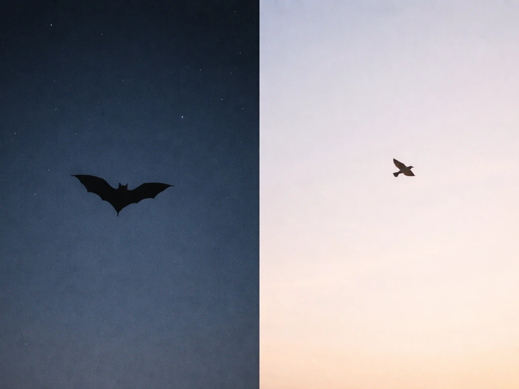 Split night-and-dawn scene: a bat silhouette in the dark and a bird gliding in morning light.