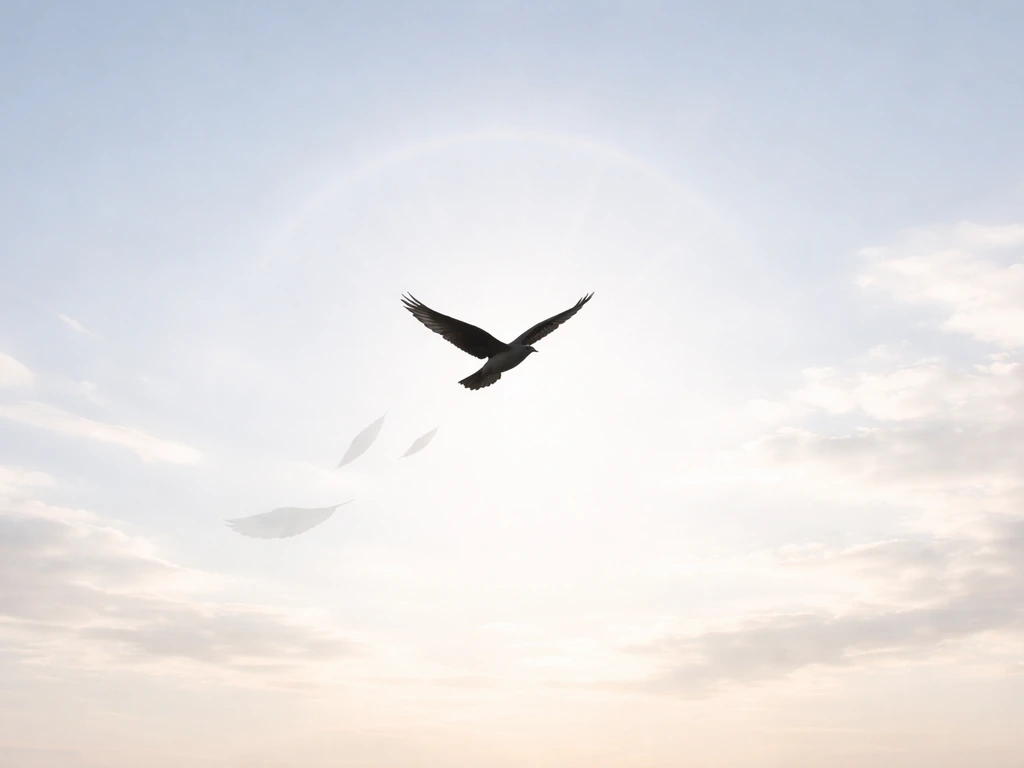 A lone bird silhouette in flight over open sky, with subtle upward motifs suggesting liberation and transcendence.