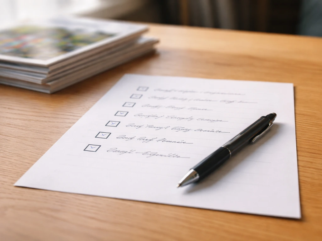 Close-up of a filled checklist worksheet on a wooden desk with a pen and a couple plain pages nearby.