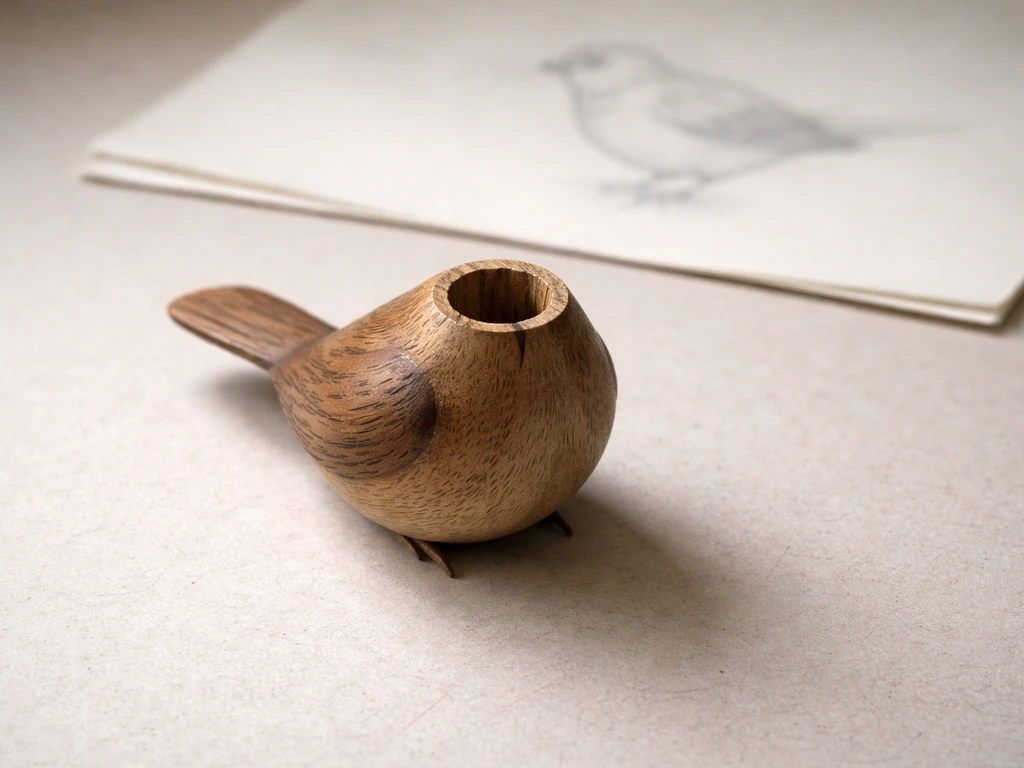 Close-up of a small bird figurine with its head missing on a neutral tabletop.