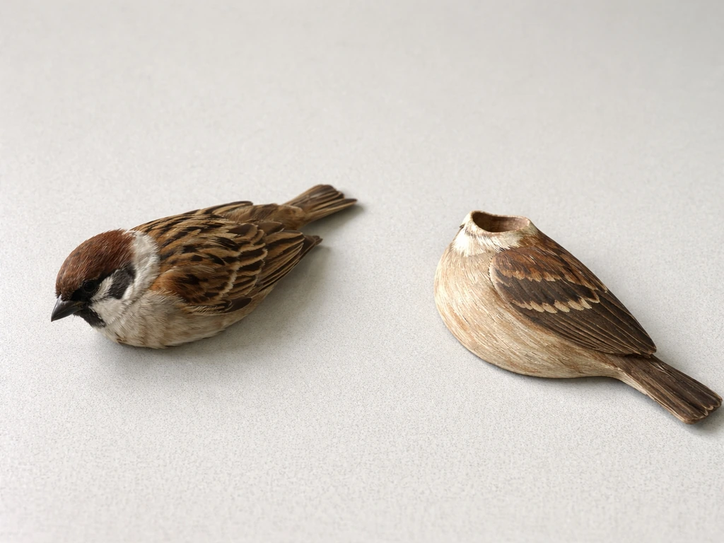 Two bird objects side-by-side: a whole bird with head intact and a craft bird missing its head.