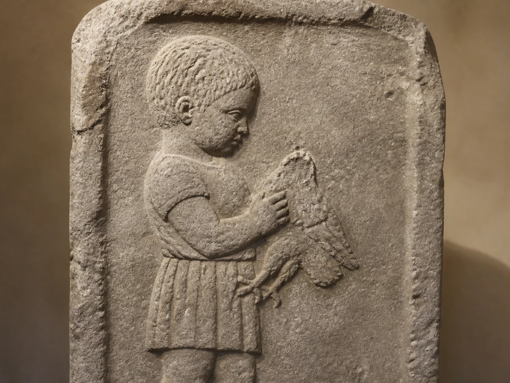 Ancient-style carved stele relief: a child holding a headless bird, shown in warm museum lighting.