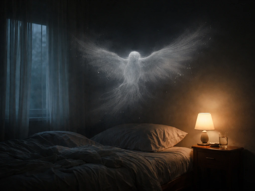 Moody bedroom scene with an ethereal headless bird floating like a dream symbol in dim light.