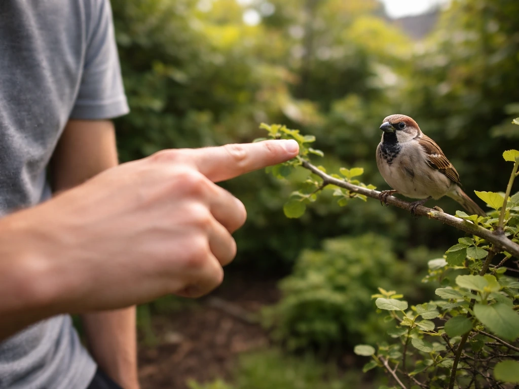Anonymous hand pointing at a small sparrow perched on a garden branch in natural light.