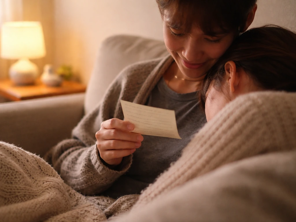 Couple cuddling on a sofa while one reads a sweet note; soft “little bird” vibe in a cozy setting