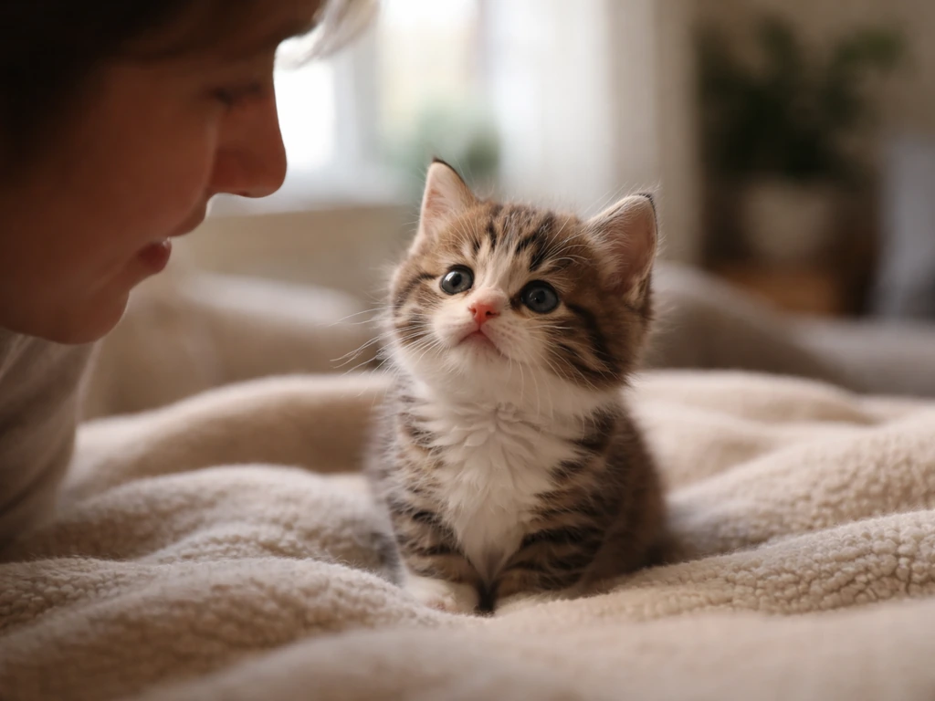 Tiny kitten lying on a blanket while an adult leans in affectionately, as if calling it “little bird.”