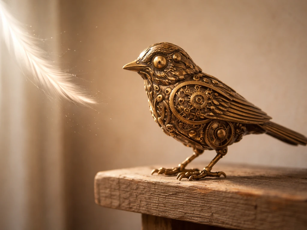 Whimsical brass clockwork bird with gears perched near soft feather-like light symbolizing precision and freedom.