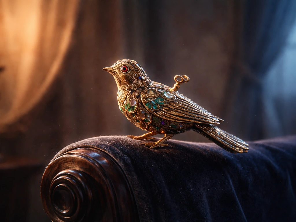 A jeweled mechanical nightingale bird perched on a velvet armrest at dusk, key-wound and glowing softly.