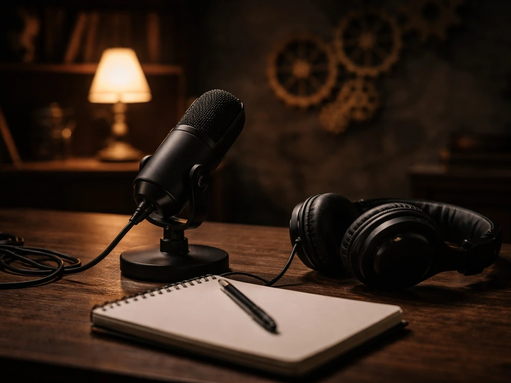 Anonymous podcast mic and headphones on a dark studio desk with subtle brass gear decor behind