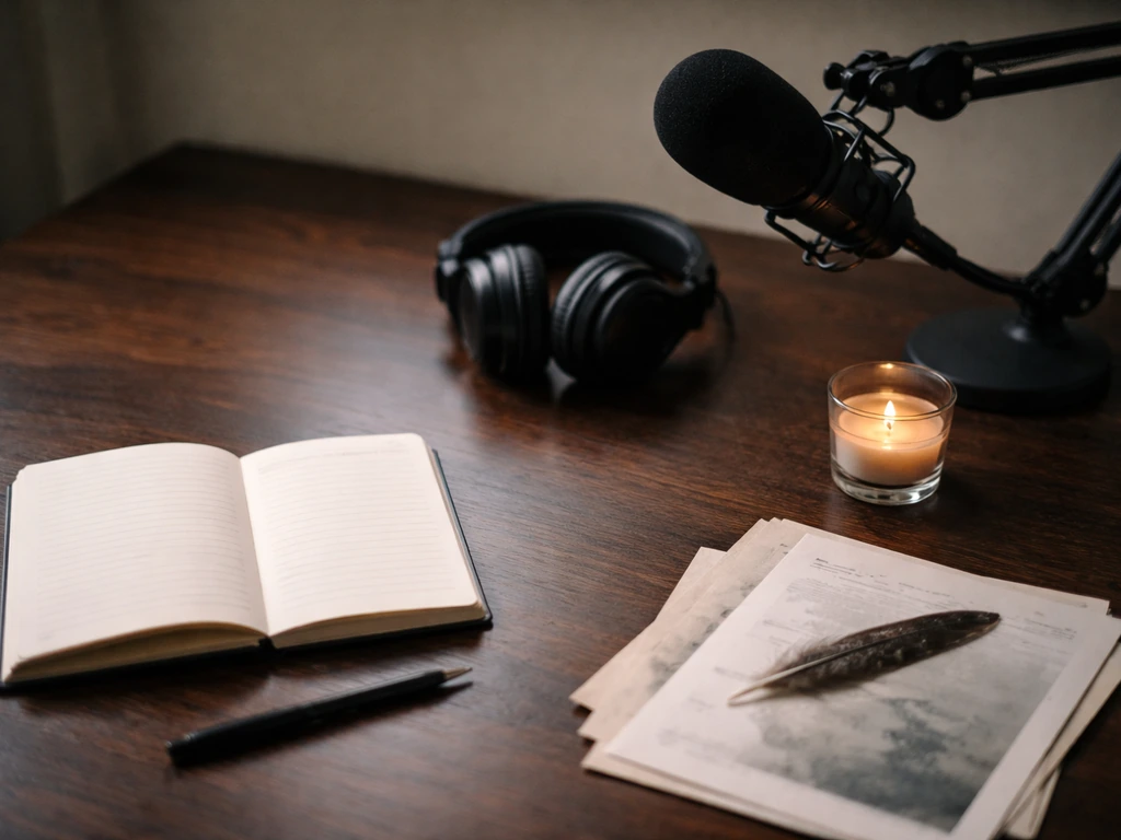 Desk scene with microphone, notebook, candle, and bird-themed papers suggesting podcast, capitalization, and omens.