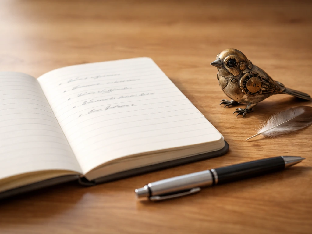 Open notebook with pen and a small mechanical bird beside a feather on a wooden table.