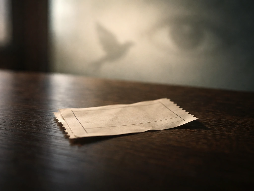 Close-up of a partly visible ticket stub with a simple bird silhouette and an eye motif in the background.