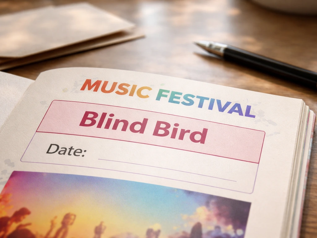 Close-up of a music festival ticket page with “Blind Bird” wording, beside an event name and date.