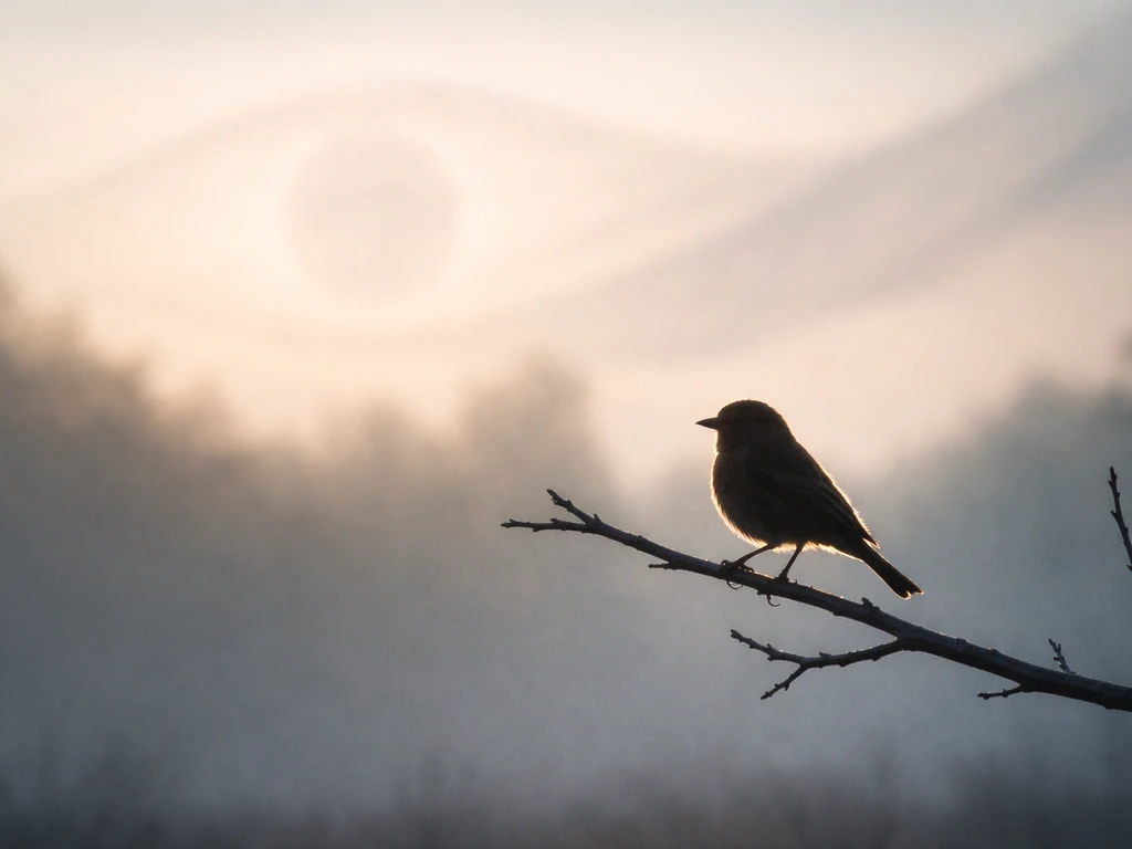 Perched bird silhouette with subtle eye-blind symbolism cues in a quiet, natural setting.