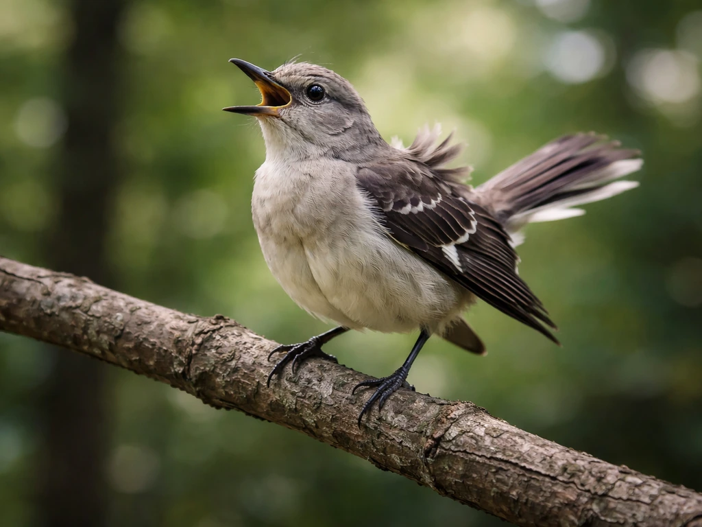 Mockingbird-like creature perched on a branch with subtle wing motion in natural light.