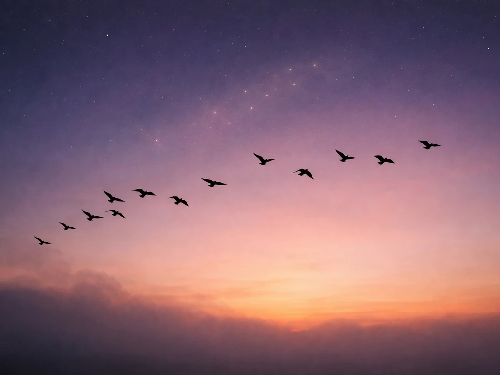 Silhouetted birds in flight against a dawn sky with faint star-like cues suggesting meaning
