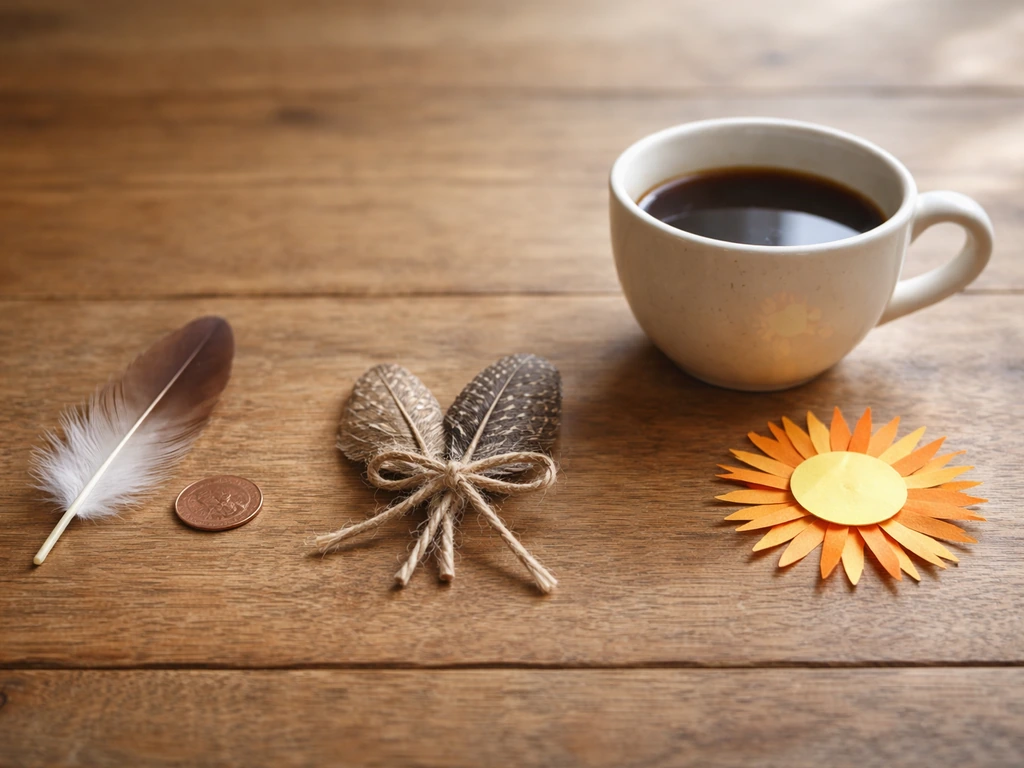Macro photo of simple objects on a wooden table symbolizing common bird idioms.