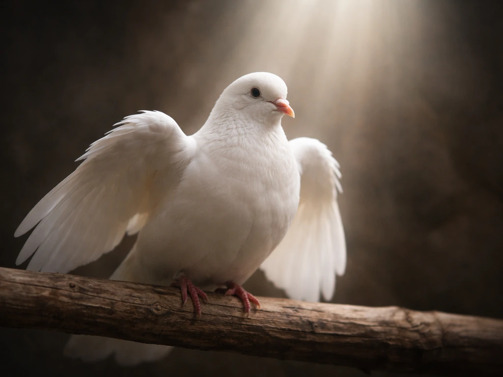 A white dove perched on a wooden branch in soft warm light, peaceful and reverent mood.