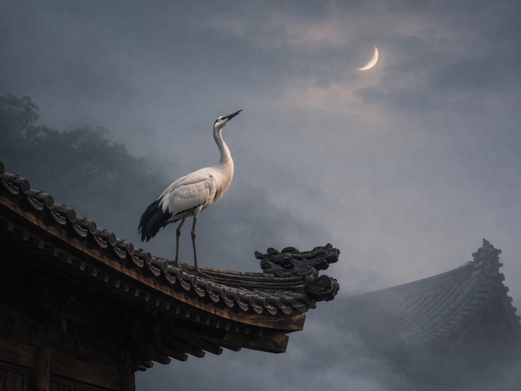 Serene crane perched near a temple roof, drifting mist beneath a soft moonlit sky.