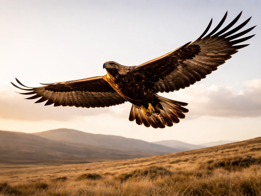 Golden eagle soaring high above open hills under a clear sky, wings spread in dramatic freedom.