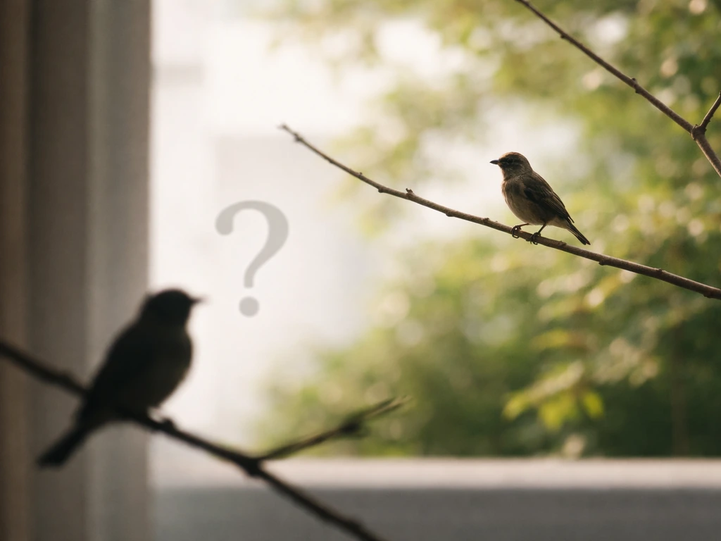 Minimal scene showing two contrasting bird-meaning myths using blurred birds and a question mark motif