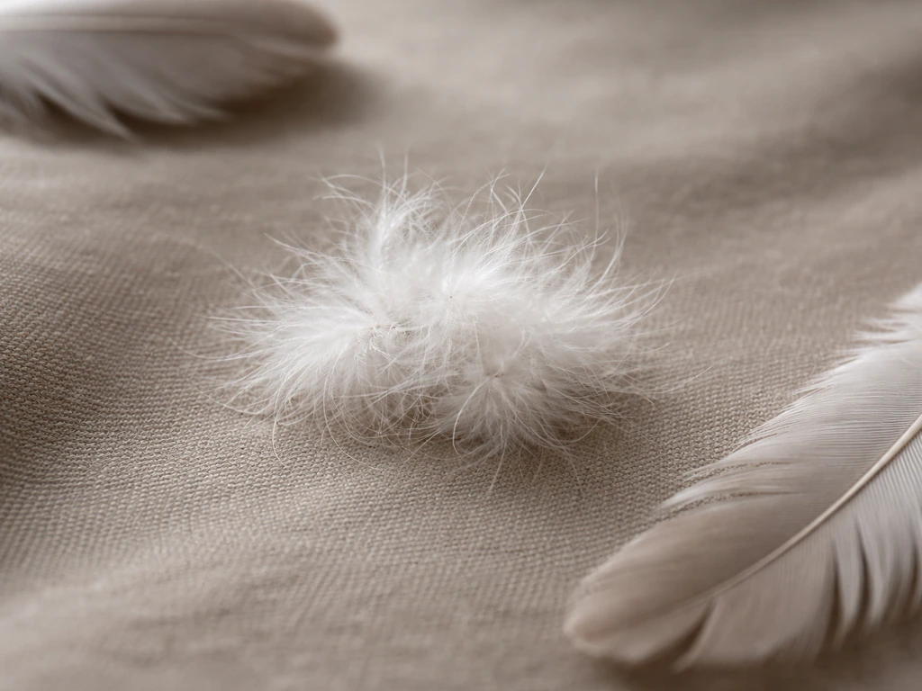 Close-up of soft bird down clustered beside a few contour feathers for texture contrast.